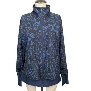 Sweaty Betty On The Run Jacket 8‎ Blue Floral Full Zip Cinch Thumbholes Layered